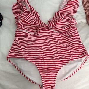 Kona Sol Red and White Striped Kids Swim One Piece